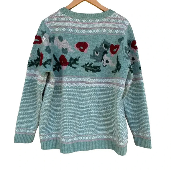 Sundance Bold Botanic Floral Knit Embroidered Wool Sweater Jumper Aqua Size L - Picture 2 of 9